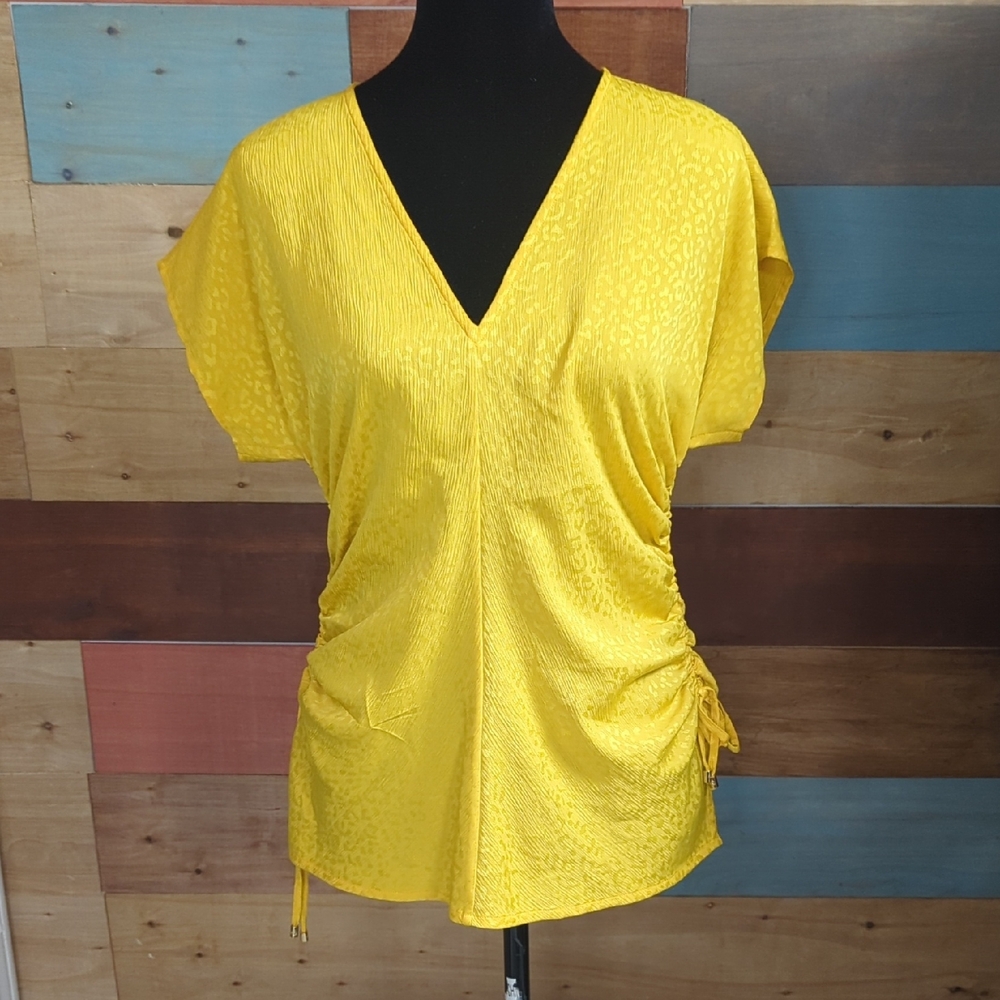 Elegant Yellow V-Neck Ruched Blouse